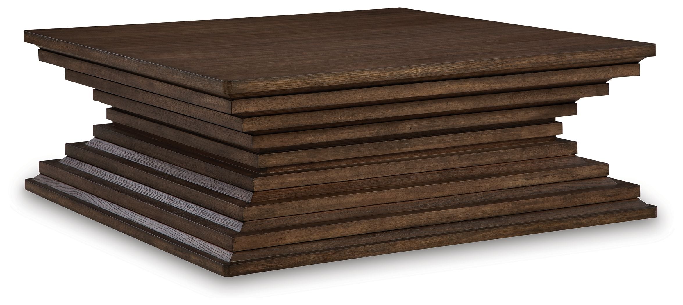 Square cocktail table in warm brown with layered square-top design