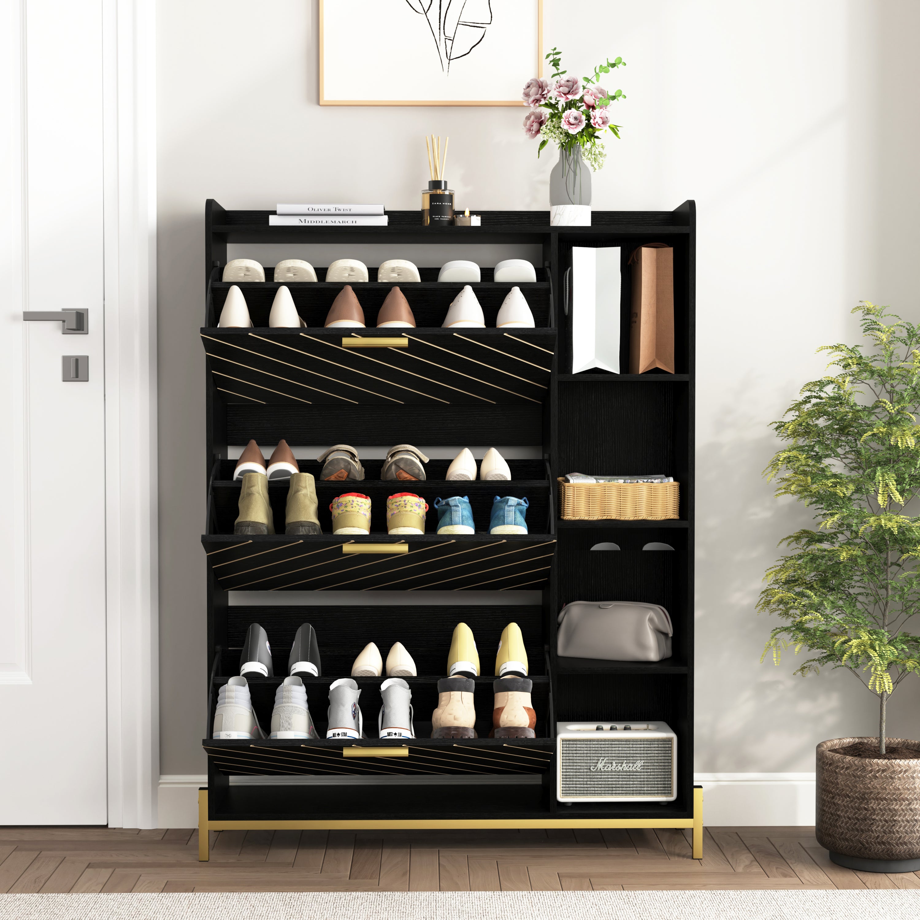 Modern Slim Entryway Shoe Cabinet: 3 Flip Drawers & Shelves