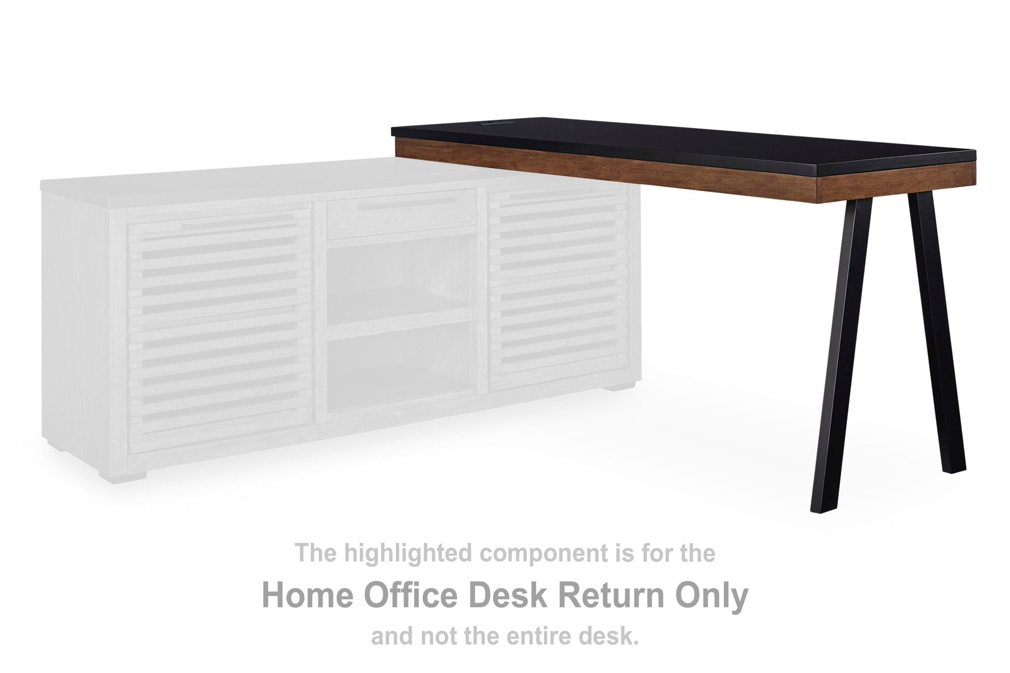 Kallari home office desk return with warm brown top and black legs, slatted panels