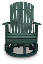 Green swivel glider chair front view with slatted back and armrests