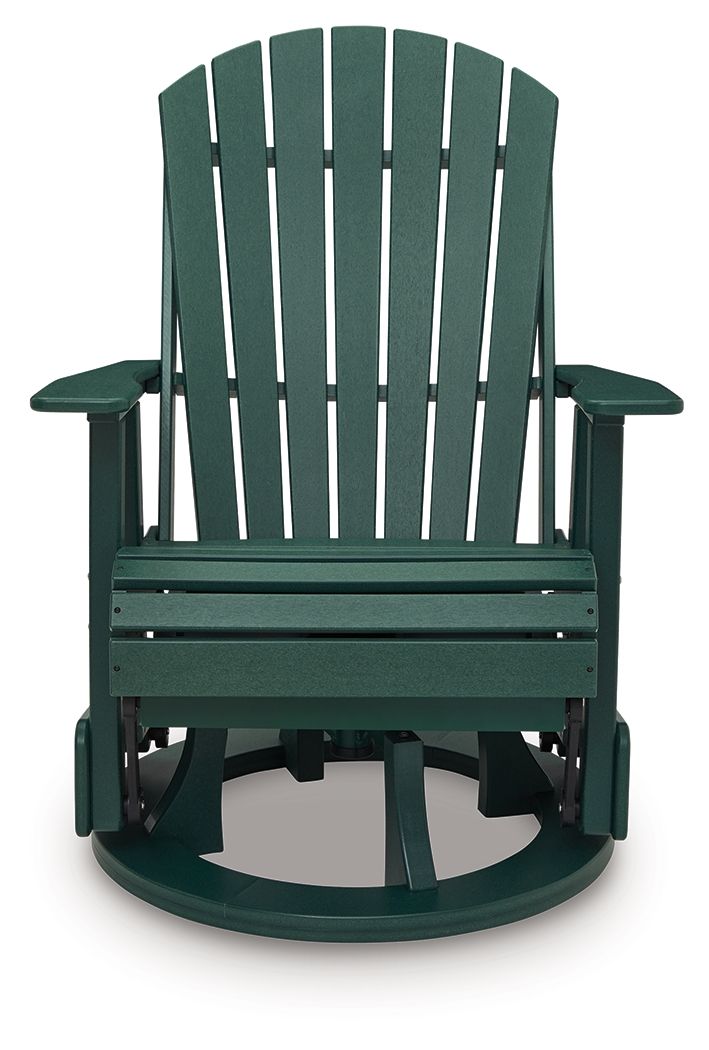 Green swivel glider chair front view with slatted back and armrests