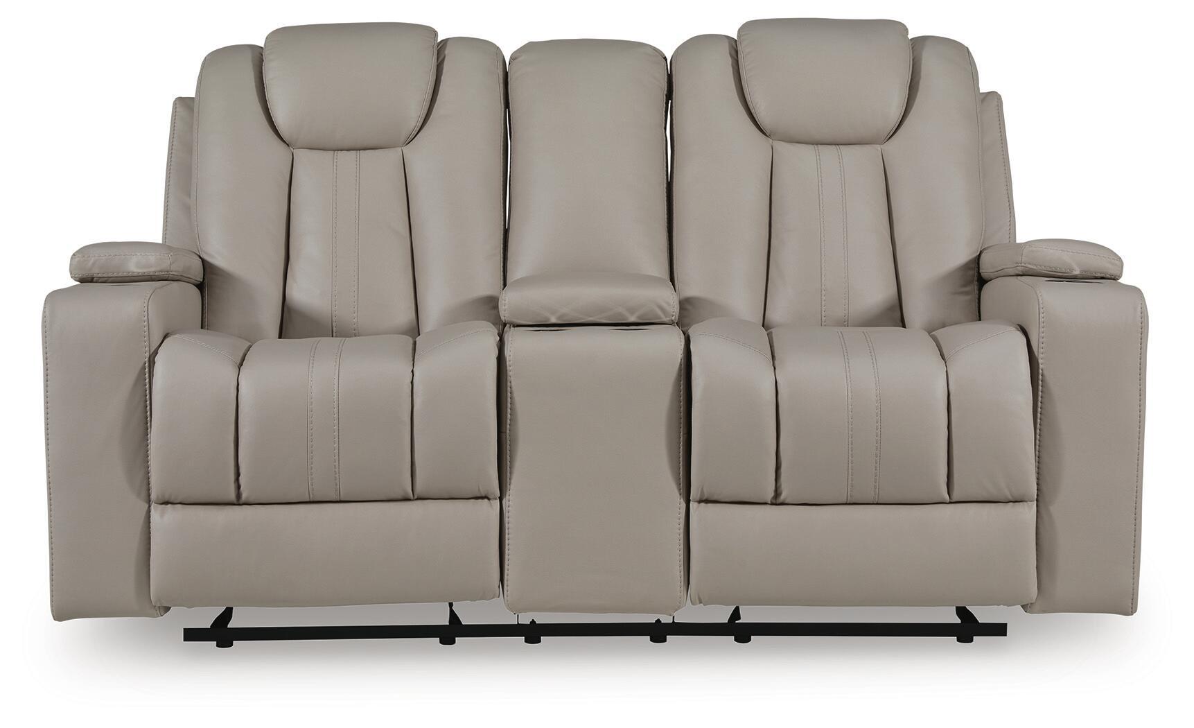 Reclining loveseat with centered backrest and wide padded arms, light beige fabric