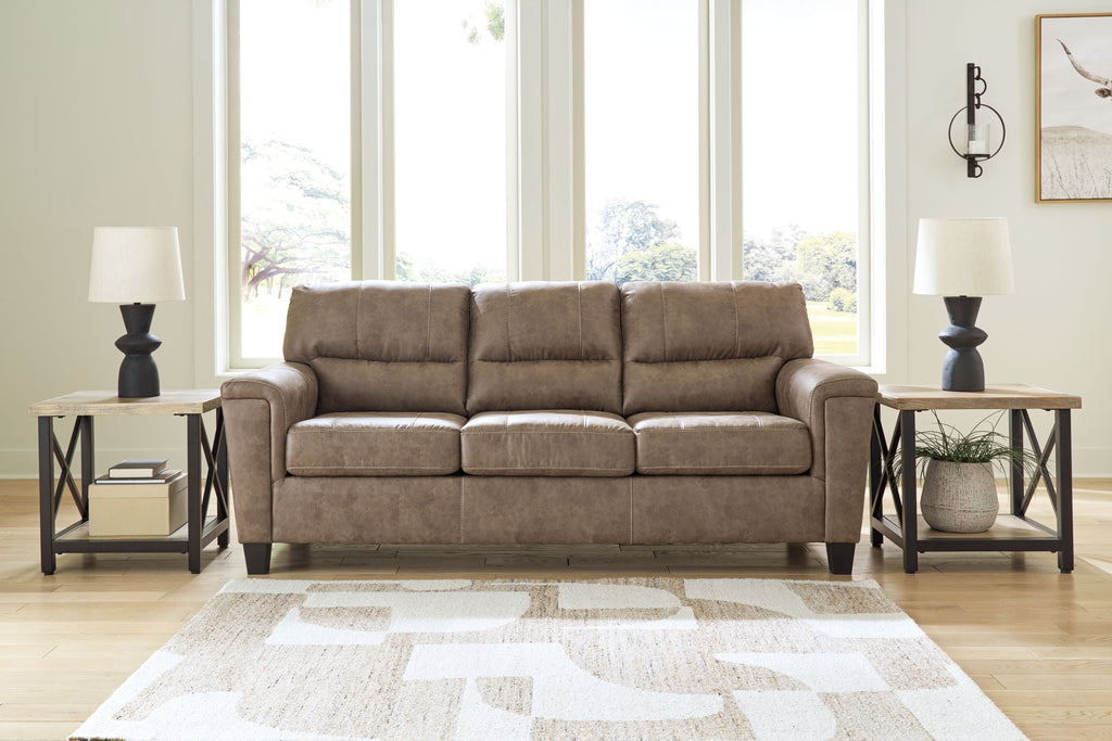 Fossil fabric sofa with three-seat back cushions and padded arms on short legs
