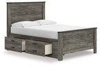 Gray panel bed with two drawers and white mattress