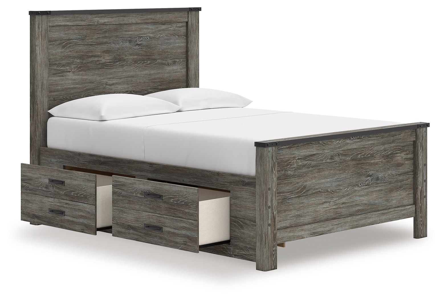 Gray panel bed with two drawers and white mattress