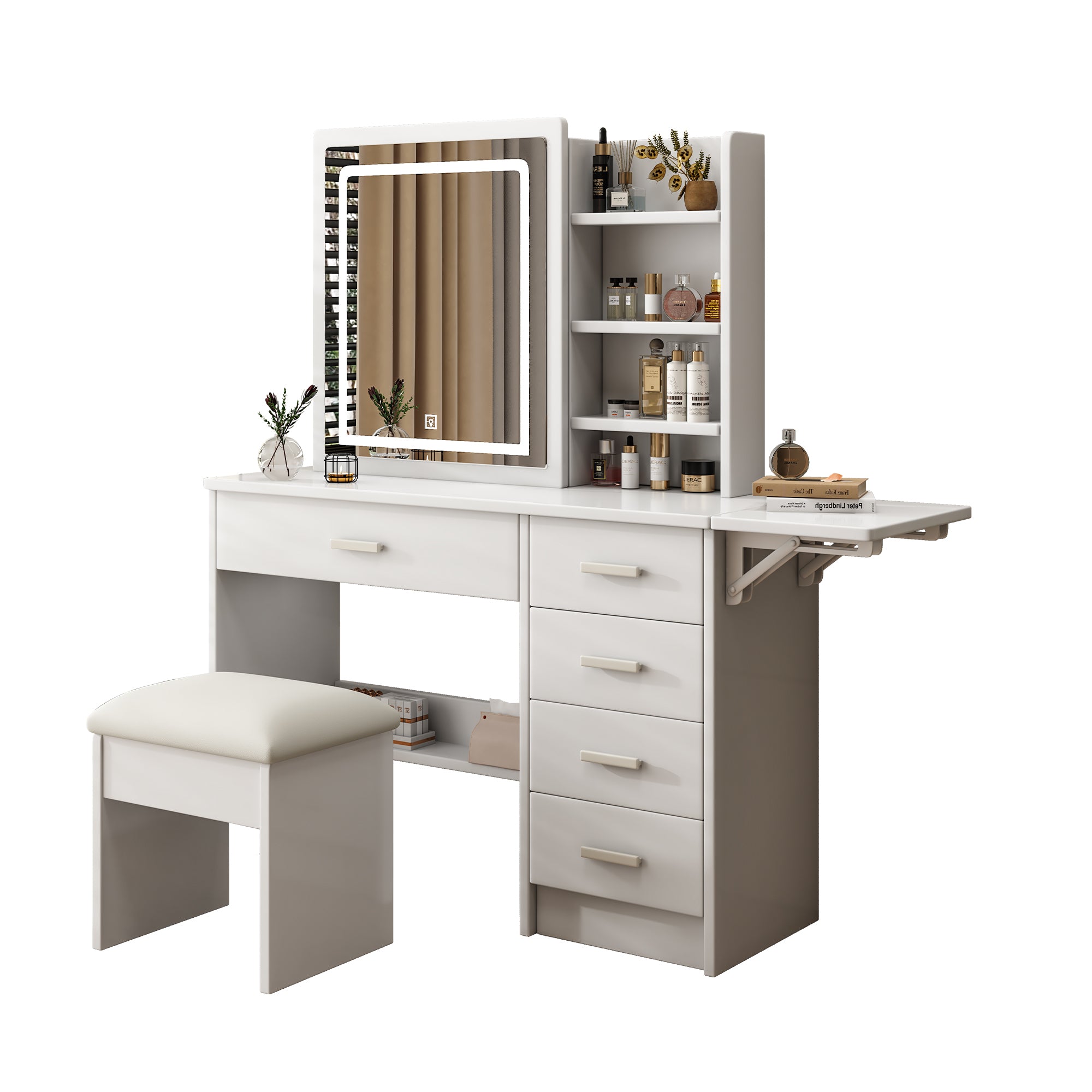 White Vanity Desk w/ Mirror, Lights & 5 Drawers for Makeup - Adjustable LED