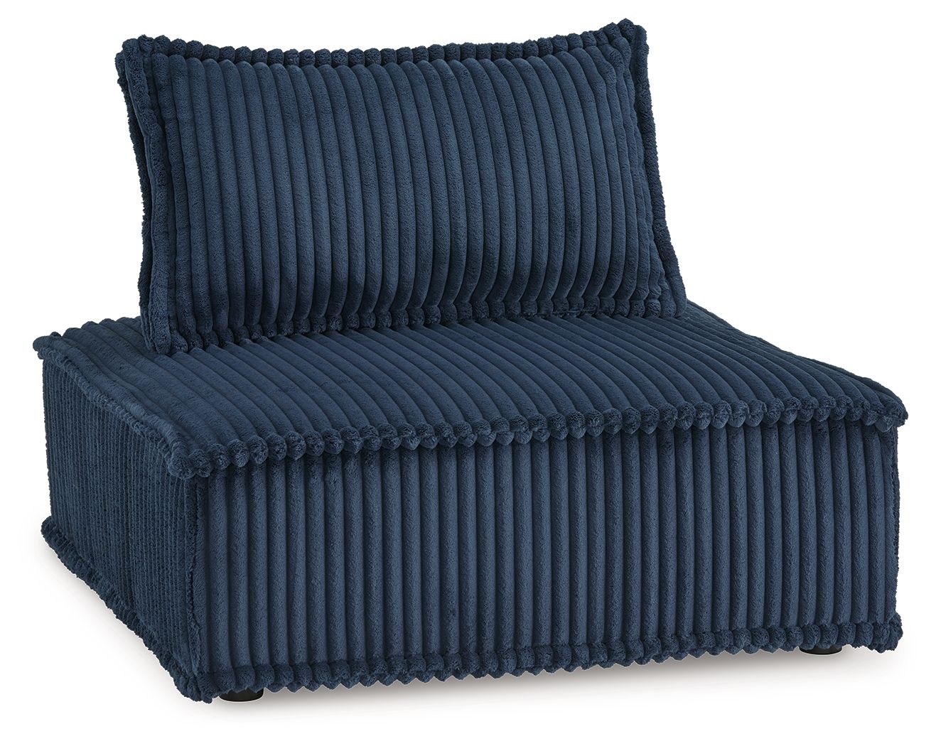 Blue ribbed accent chair with padded arms and high back cushion