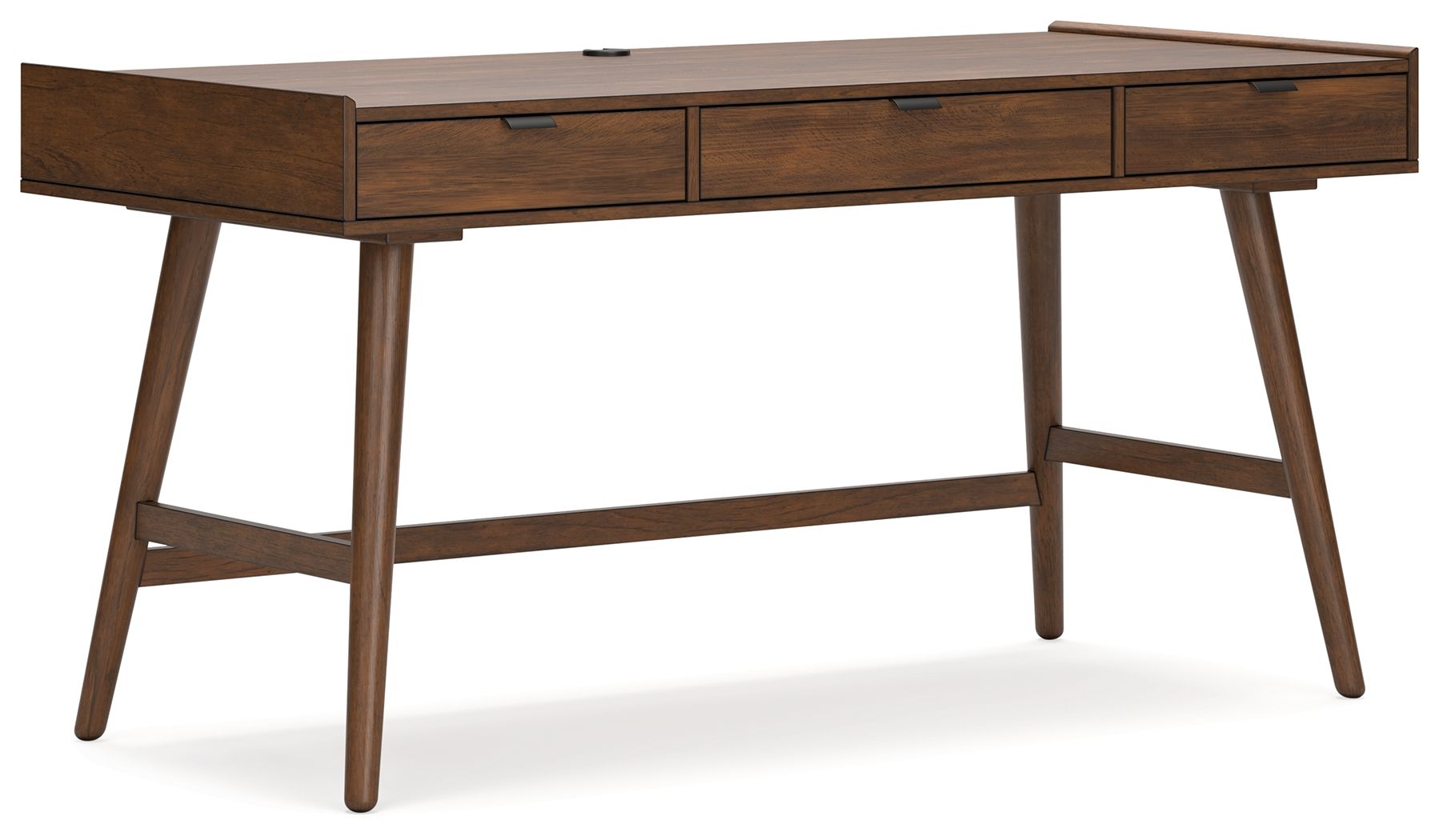 Light brown home office desk, side view, with 3 drawers and angled legs
