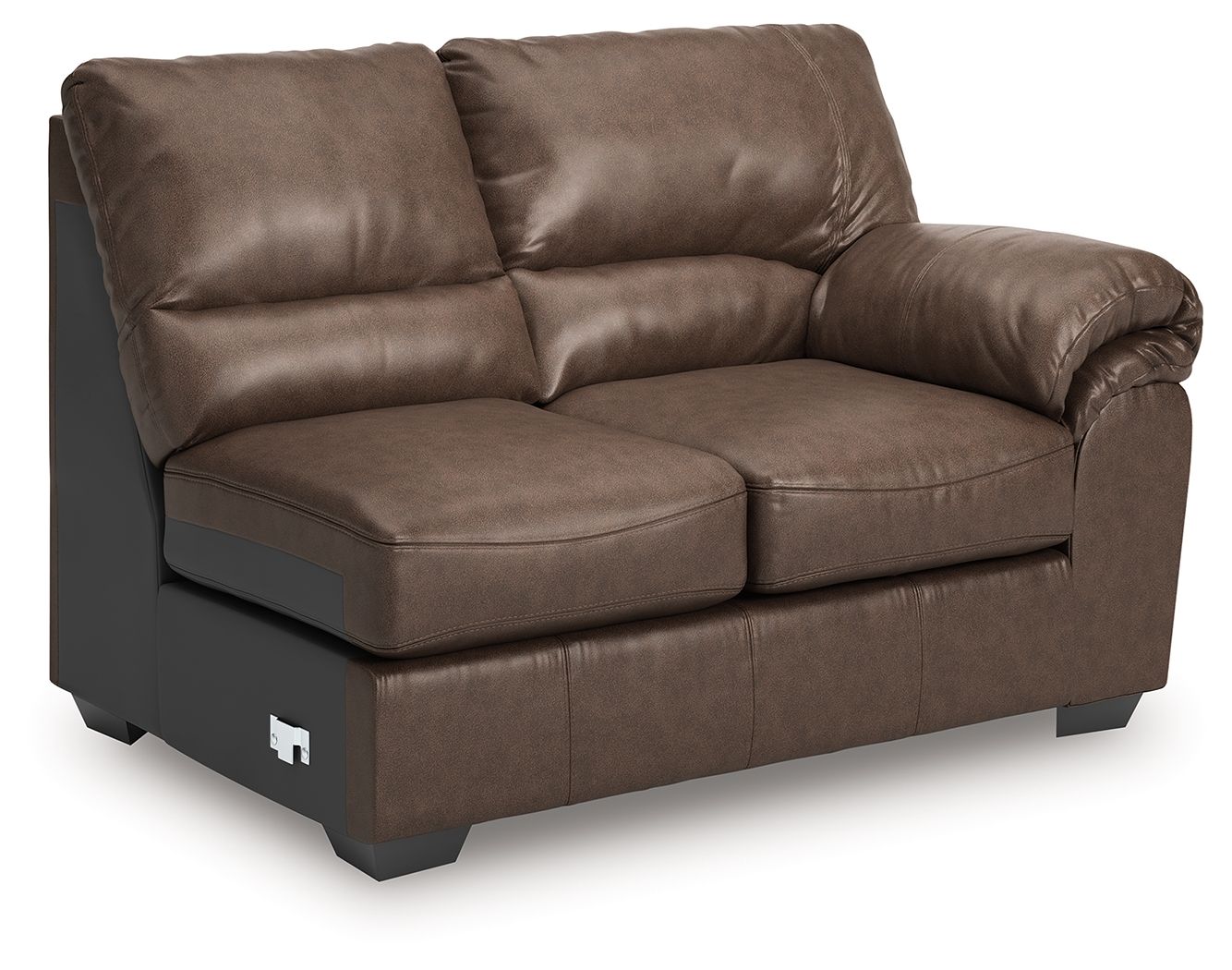 Umber upholstered loveseat with two padded back cushions and cushioned armrests