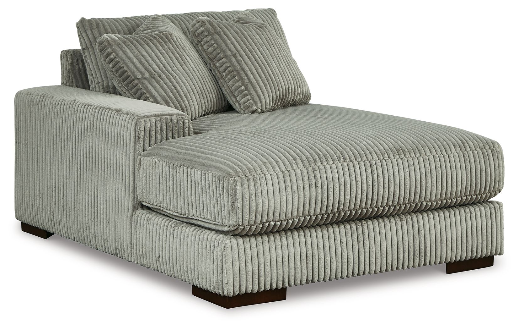 Ribbed upholstered corner chaise with left-facing arm, fog-gray fabric, wide seat