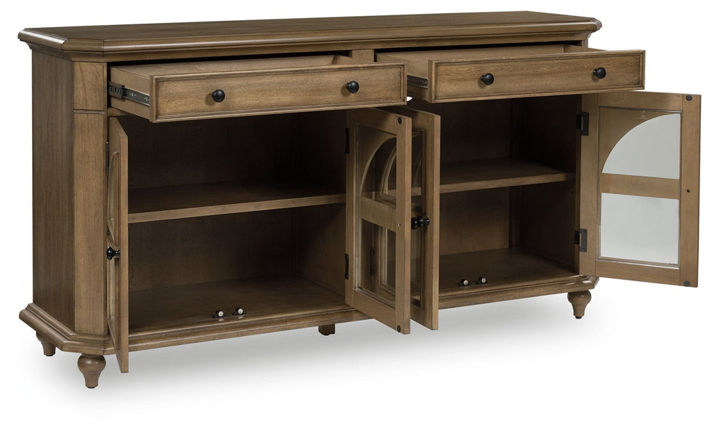 Brown accent cabinet with open shelves, two doors, and arched glass panels