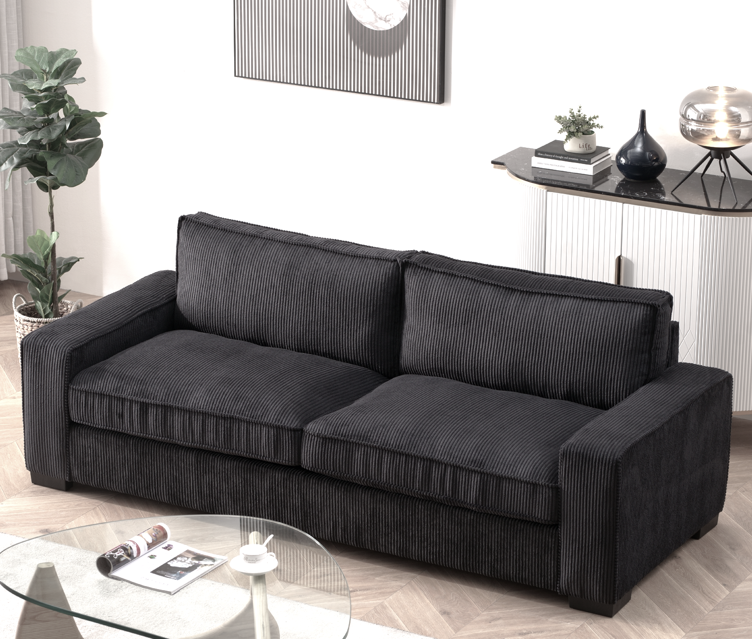 Luxe Black Corduroy Sofa | Modern 3-Seater Couch