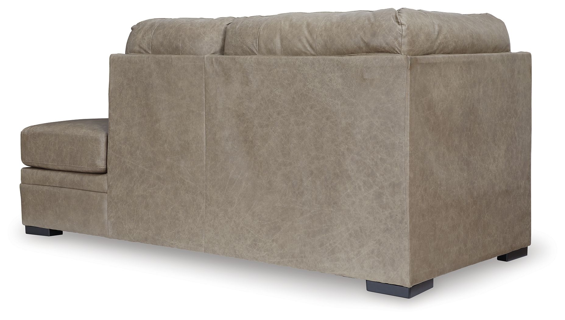 Corner chaise lounge with taupe fabric, square arms, and dark tapered legs.