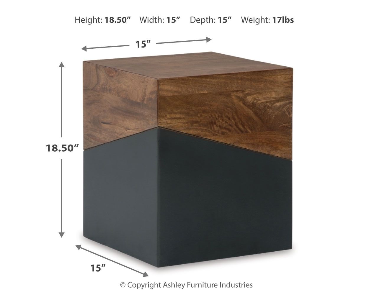 Brown wood accent table with gunmetal gray base, square profile