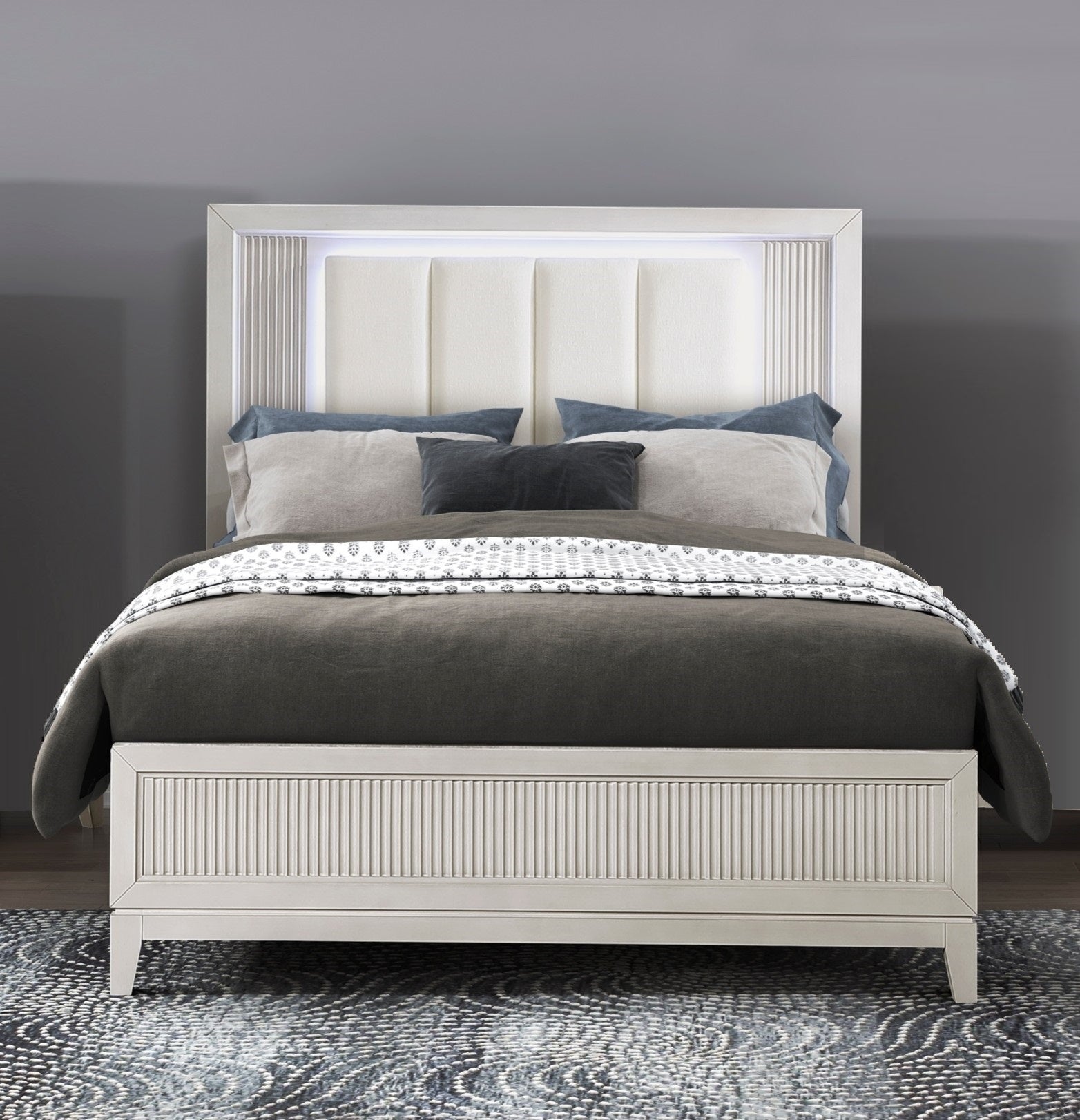 Antique White King Bed | LED, Upholstered, Modern, Reeded Fronts