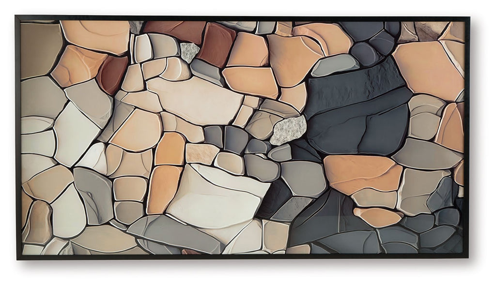 Abstract multi-color stone wall art print in black, tan, white, and gray pieces