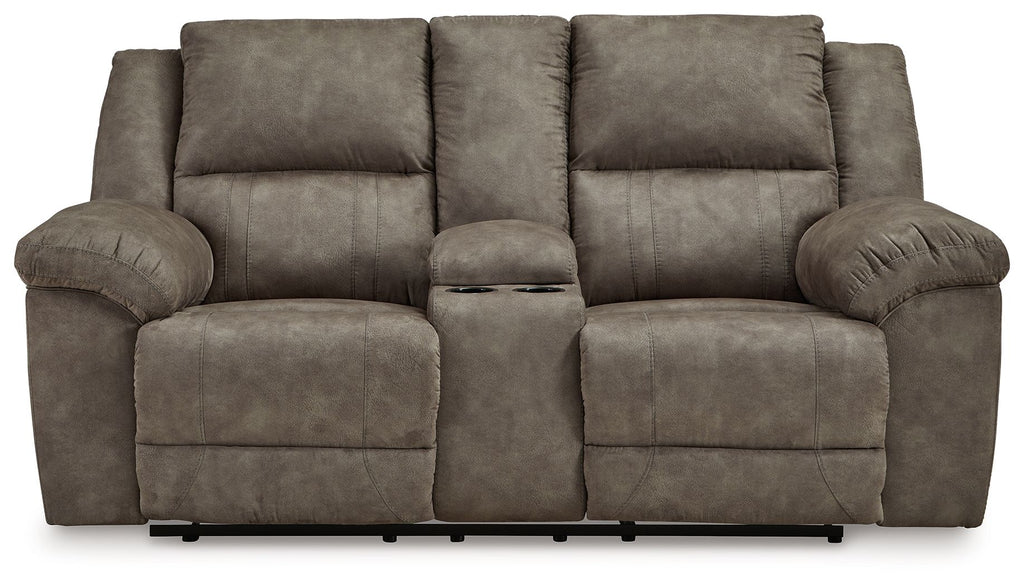 Reclining loveseat with center console, dark gray fabric, padded armrests and seat