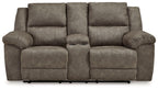 Reclining loveseat with center console, dark gray fabric, padded armrests and seat