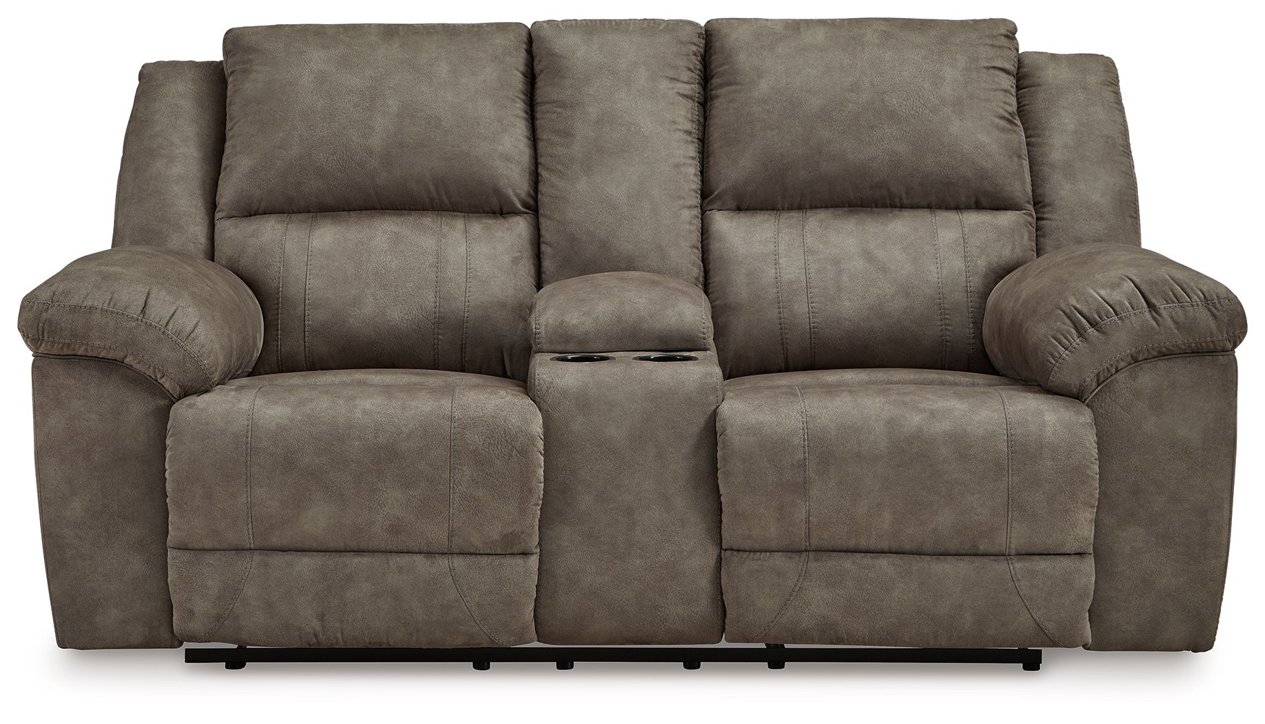 Reclining loveseat with center console, dark gray fabric, padded armrests and seat