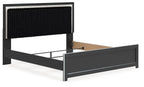 Upholstered panel bed frame with black upholstered headboard paneling and dark side rails
