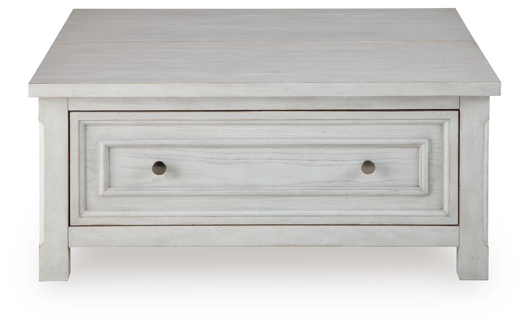 White side table with one long center drawer and two metal knobs.