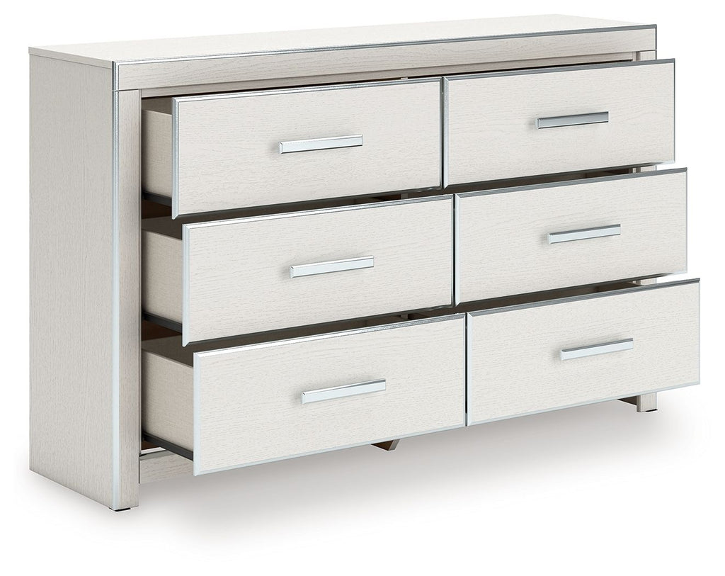 Six-drawer dresser in white finish with open drawers and silver bar pulls.