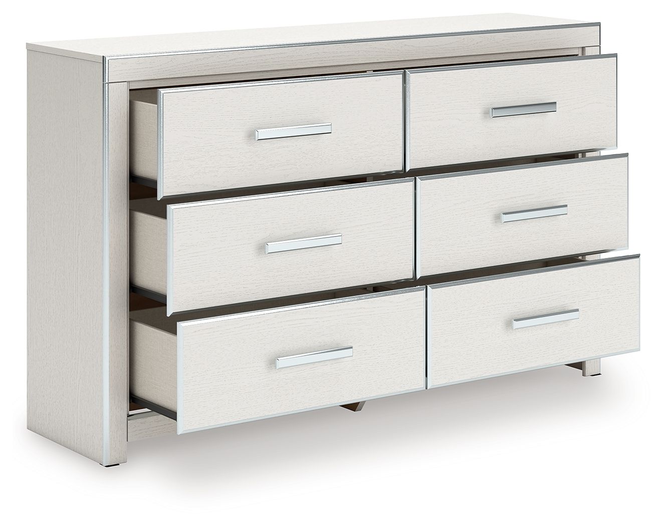 Six-drawer dresser in white finish with open drawers and silver bar pulls.