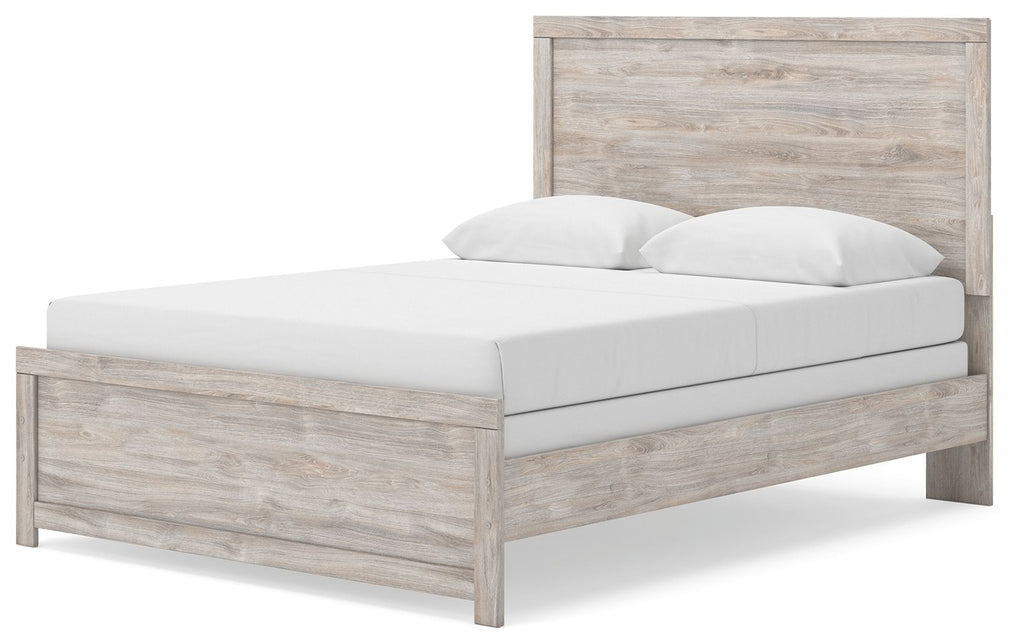 Panel bed frame with light gray weathered wood grain headboard, low footboard