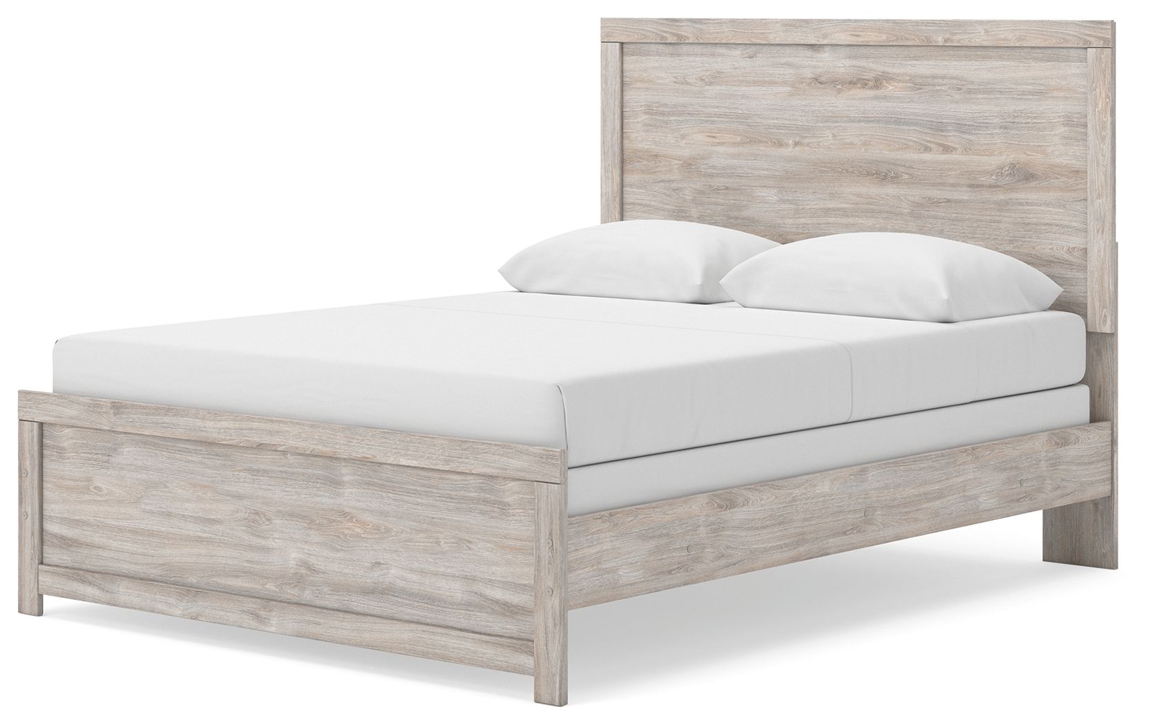 Panel bed frame with light gray weathered wood grain headboard, low footboard