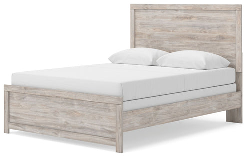 Panel bed frame with light gray weathered wood grain headboard, low footboard