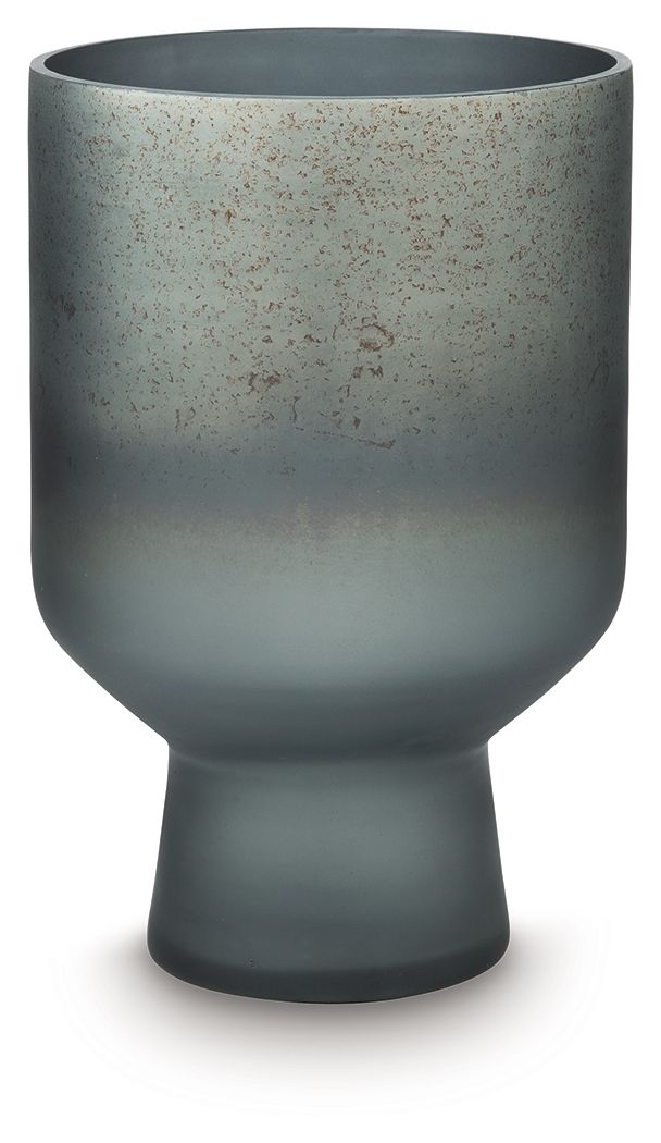 Blue speckled vase with flared rim and pedestal base, matte finish.