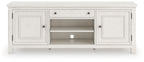 Antique white TV stand with two side cabinets, central open shelves, and drawer