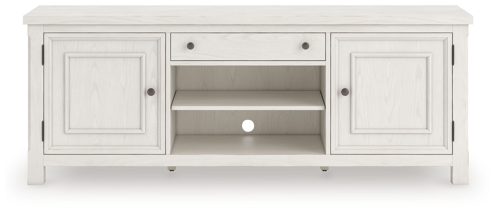 Antique white TV stand with two side cabinets, central open shelves, and drawer