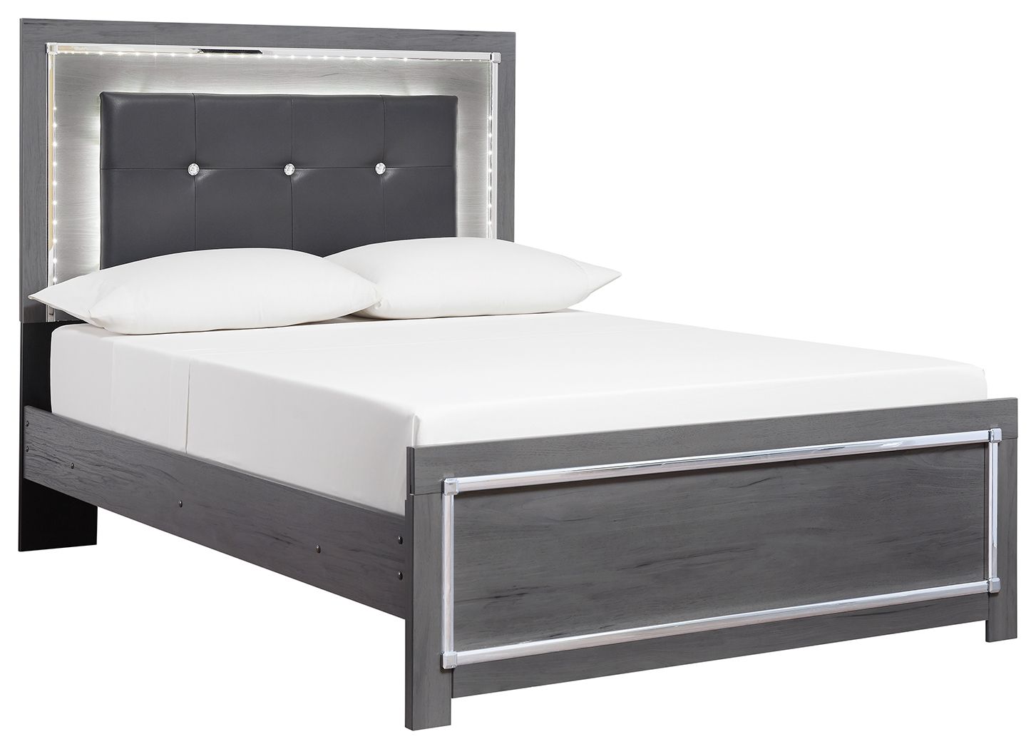 Gray upholstered panel bed with button-tufted headboard and open frame base