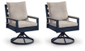Blue swivel chair set of 2 with light beige seat cushion and curved base