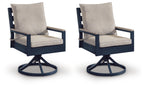 Blue swivel chair set of 2 with light beige seat cushion and curved base
