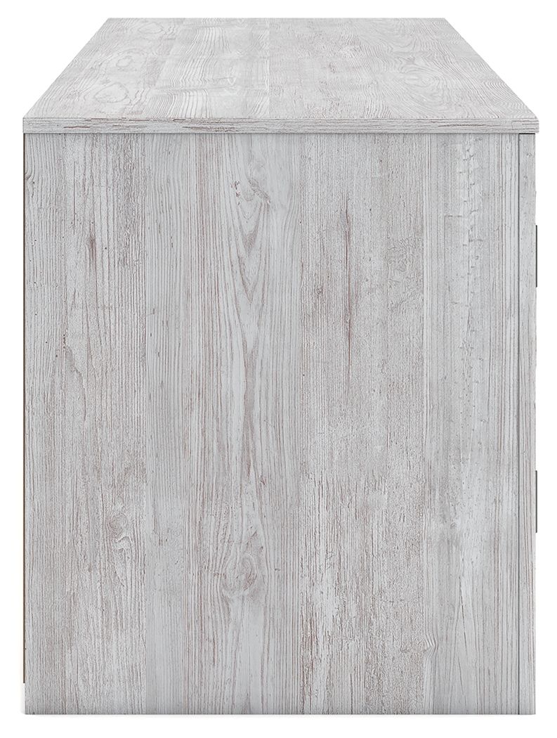 Light wood TV stand with flat top and door panels for fireplace storage