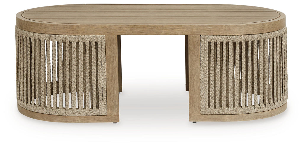 Beige round cocktail table, slatted side panels and open base