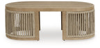Beige round cocktail table, slatted side panels and open base