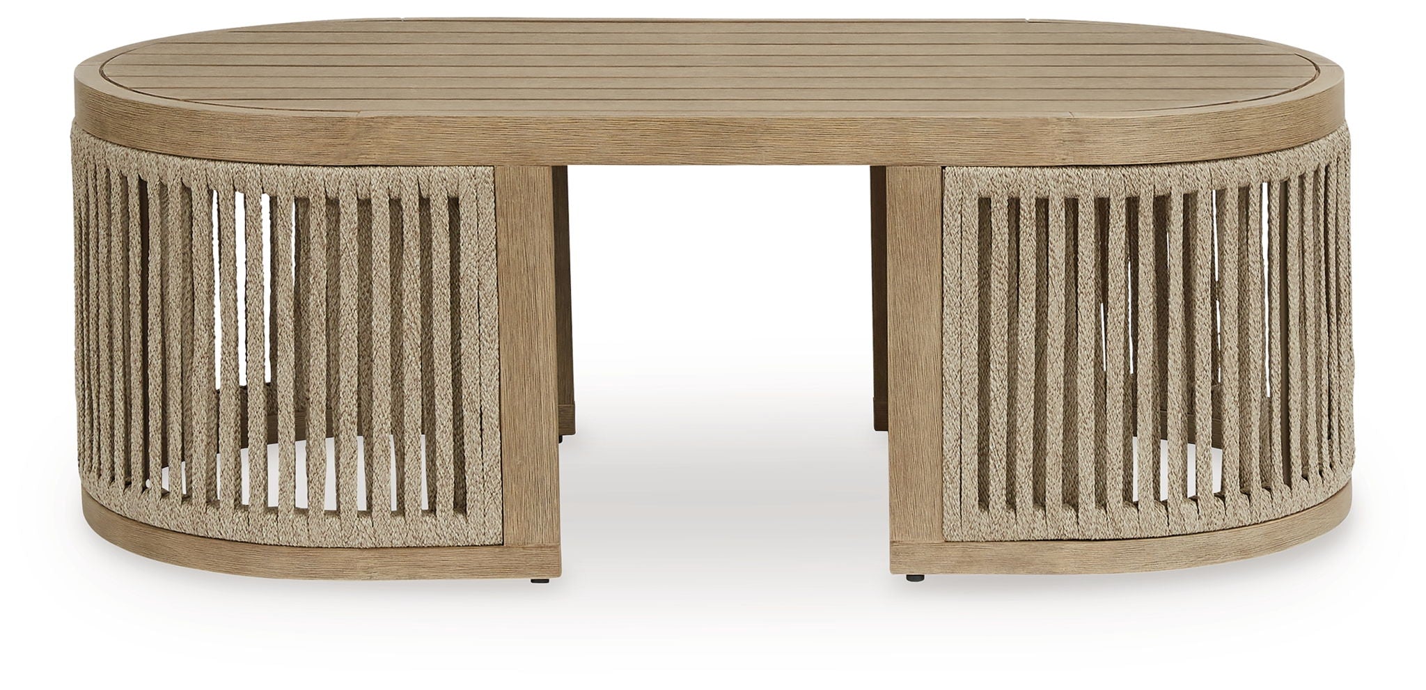 Beige round cocktail table, slatted side panels and open base