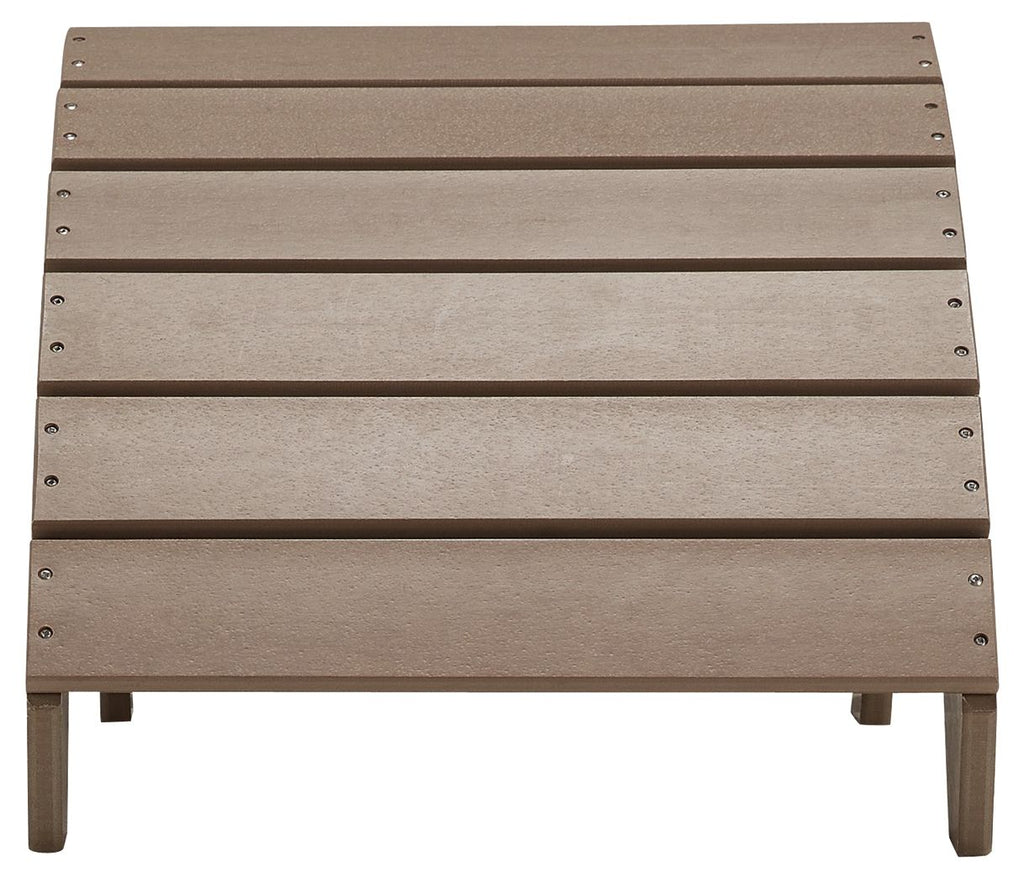 Driftwood wooden slat ottoman front view with four legs and taupe seat.
