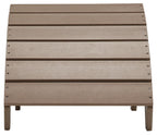 Driftwood wooden slat ottoman front view with four legs and taupe seat.