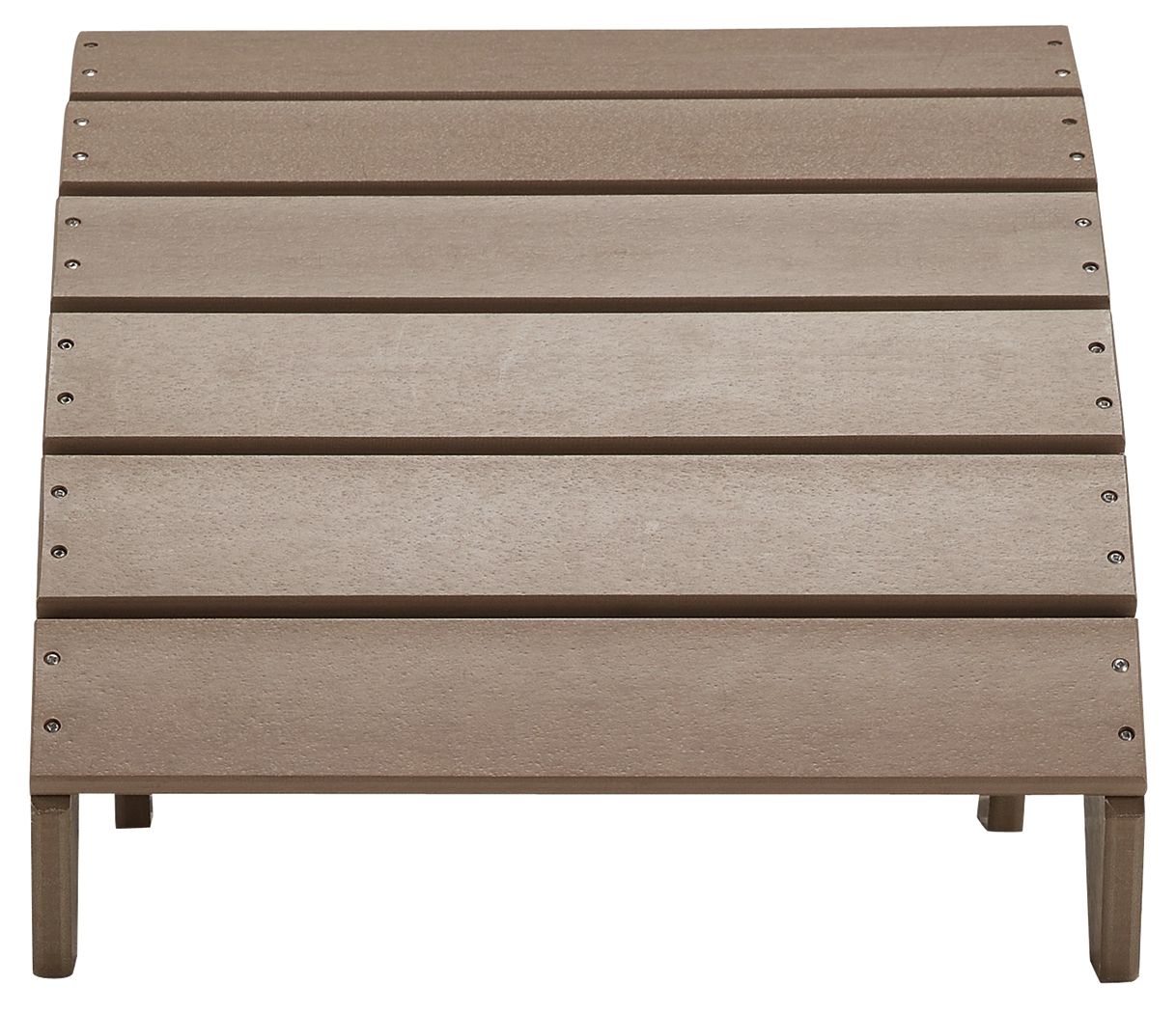 Driftwood wooden slat ottoman front view with four legs and taupe seat.