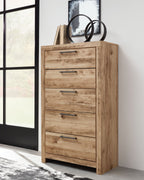Tan brown five-drawer chest with five drawers and metal bar pulls, angled view