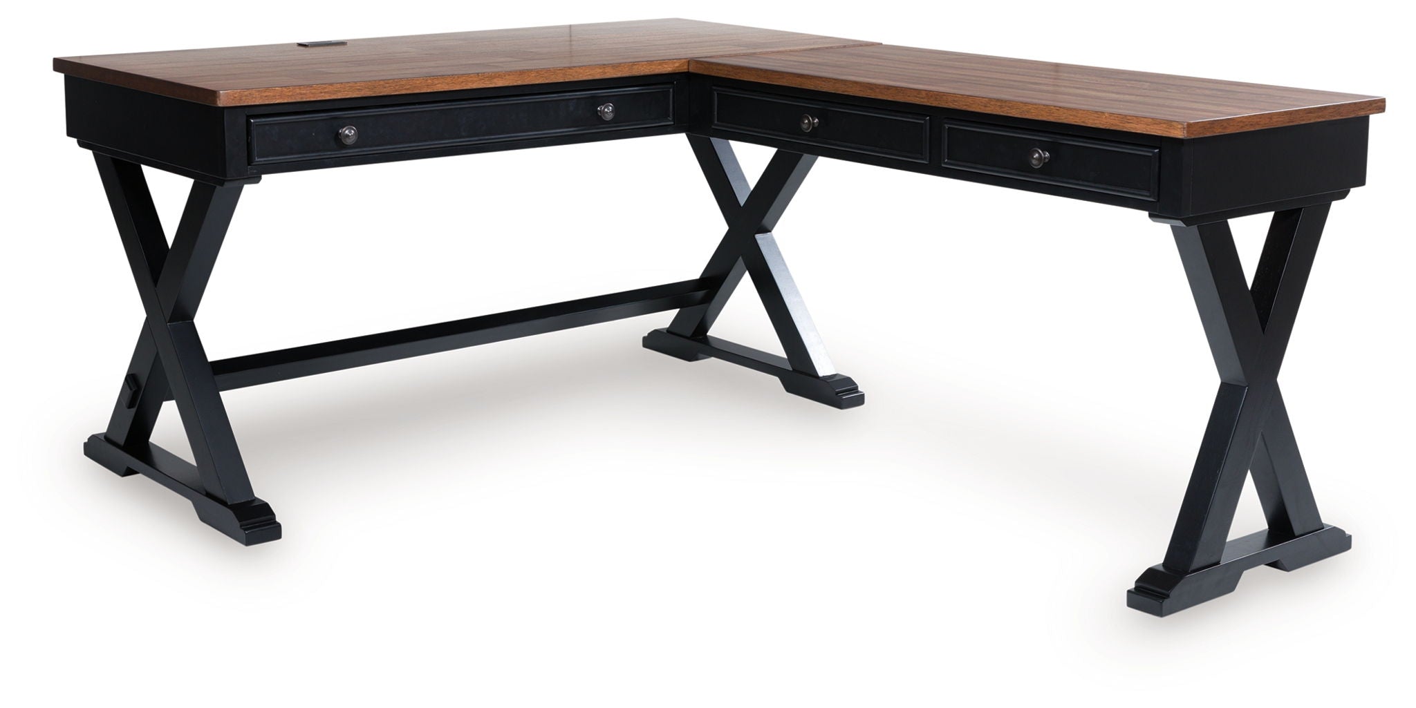 Home office desk with brown wood top, dark X-frame legs, and drawer panel