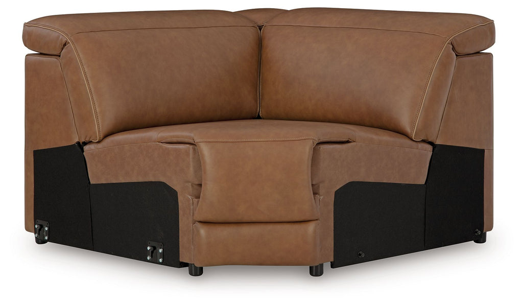 Caramel brown wedge sofa with manual headrest and padded armrest, black base panels