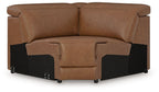 Caramel brown wedge sofa with manual headrest and padded armrest, black base panels