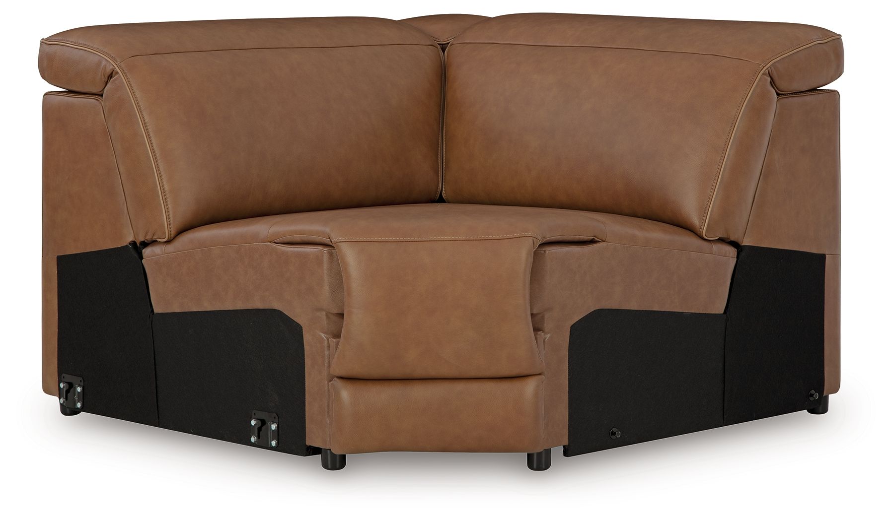 Caramel brown wedge sofa with manual headrest and padded armrest, black base panels