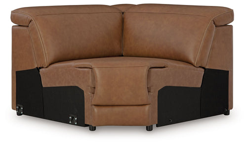 Caramel brown wedge sofa with manual headrest and padded armrest, black base panels
