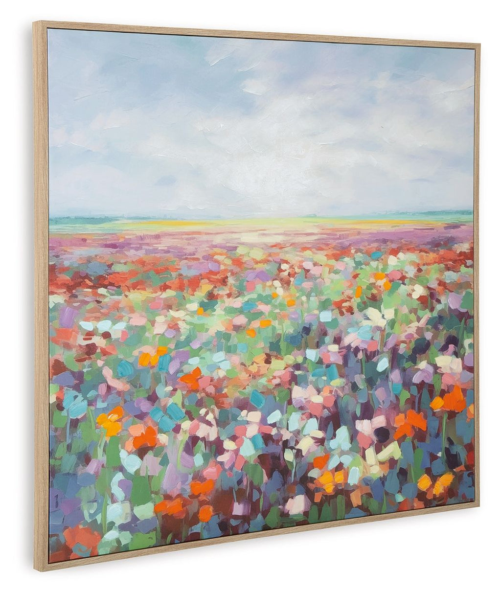 Multicolor abstract landscape wall art in wood-tone frame, landscape orientation